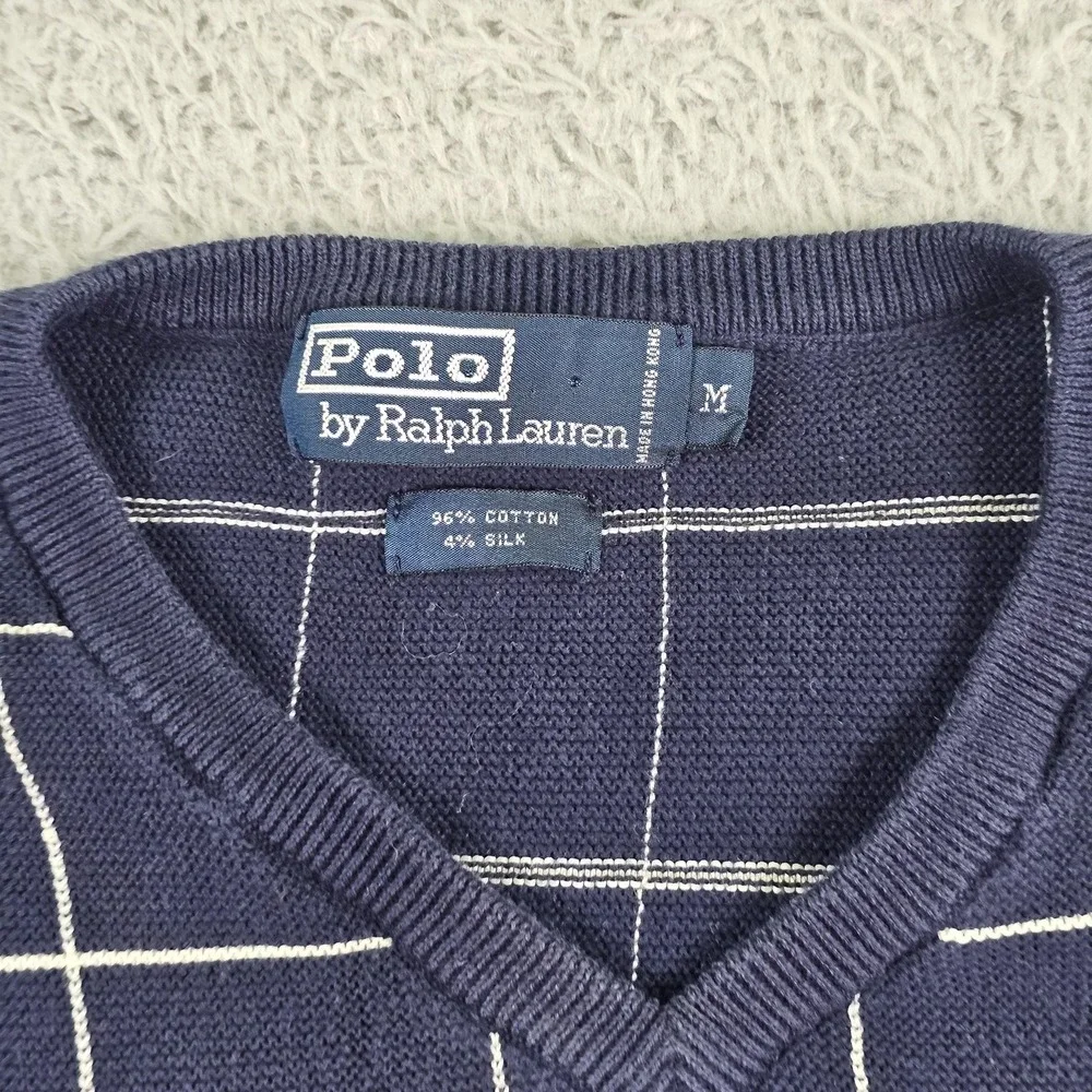 Vintage Polo By Ralph Lauren Sweater Vest Mens Medium Blue Windowpane V Neck 90s